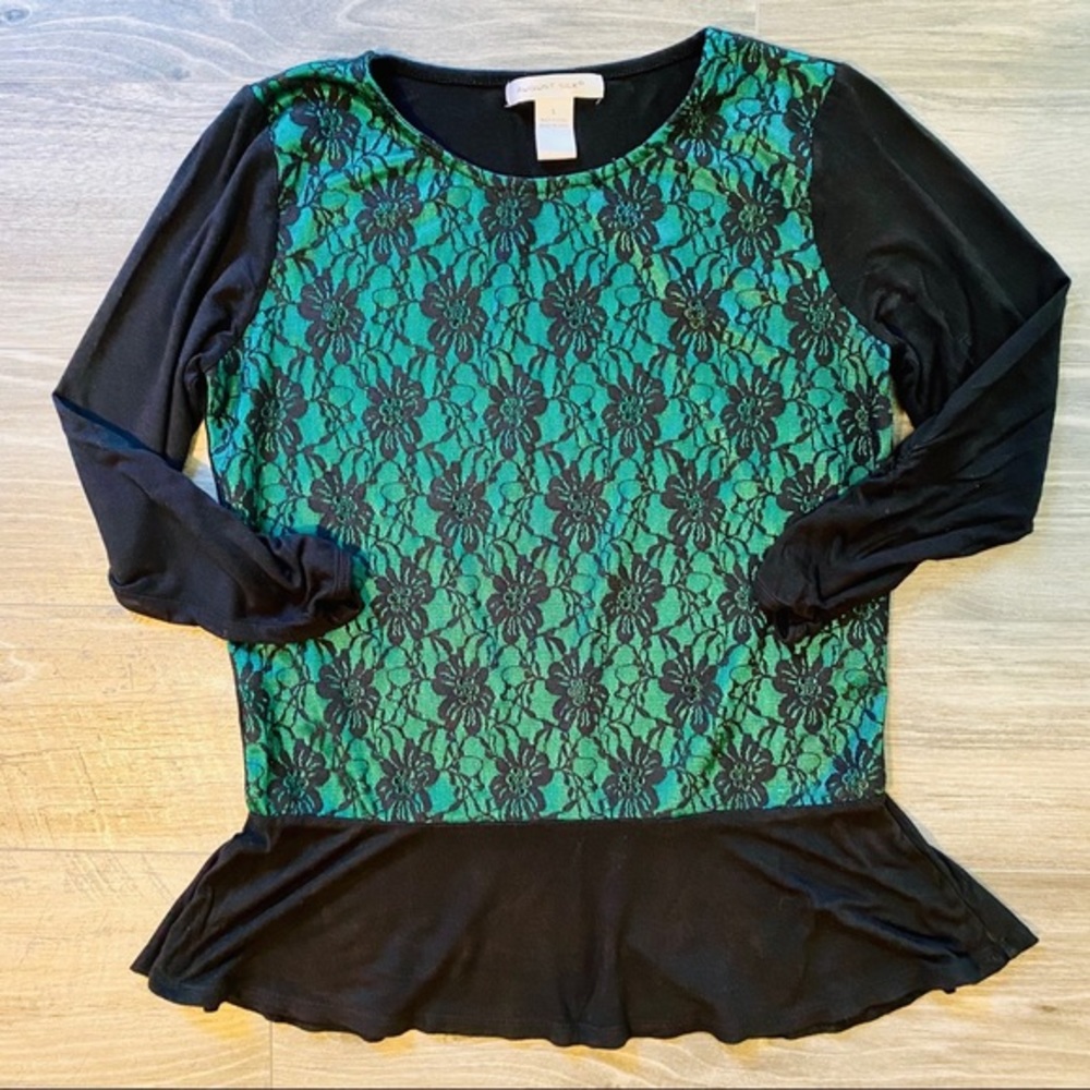 August Silk Black & jewel Emerald Floral Lace Peplum Top whimsigoth size small